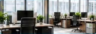 Bright office with desks, computer monitors, office chairs and large windows